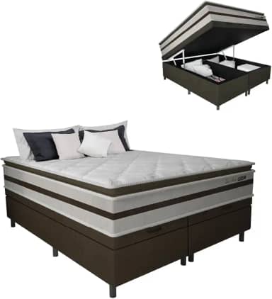 Cama Box Baú Casal King Gazin Colchão Molas Ensacadas Pillow Top Love Story 193x203x71cm Branco/Marrom - Suporta Até 120Kg Por Pessoa