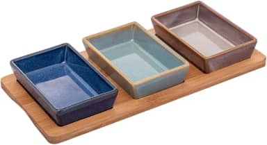 LYOR - Conjunto 3 Petisqueiras de Cerâmica Com Bandeja de Bambu 31 x 14,5 x 3,5Cm