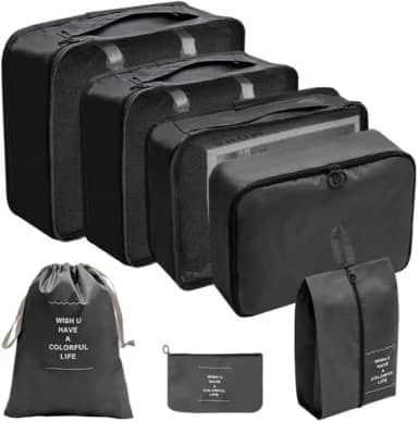 Kit Organizador de Malas para Viagem 7 Peças Conjunto Organizador Roupas Bolsas Necessaire Sapatos Maquiagem Completo Bagagem Organizada Premium (Preto)