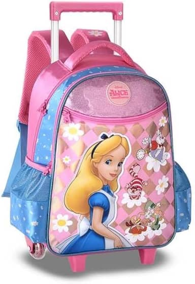 Mochila de Rodinha Infantil Alice no País das Maravilhas, Rosa e Azul
