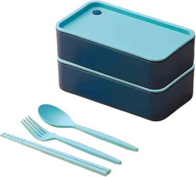 Marmita Bento Box com 2 Compartimentos Divisórias e Talheres Dois Andares Premium Ideal para Almoço e Refeições em Movimento (Azul)