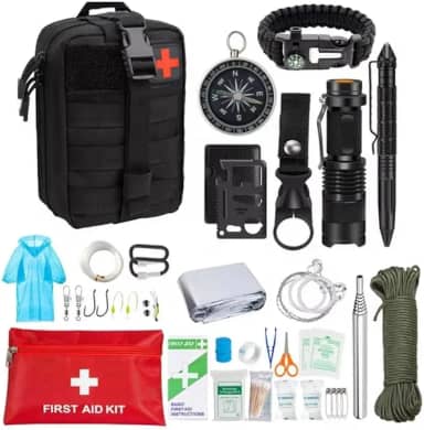 Kit de Sobrevivência Militar para Primeiros Socorros, 38 em 1, Mochila Molle, Lanterna, Bússola, Corda, Bracelete de Sobrevivência