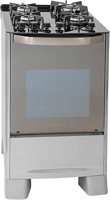 SUGGAR FOGÃO MASTER GRILL PRATA MESA DE VIDRO 4 BOCAS TRIPLA CHAMA GRILL 220V TREMPE FERRO FUNDIDO ACENDIMENTO SUPERAUTOMÁTICO FGVMTG412PRIX