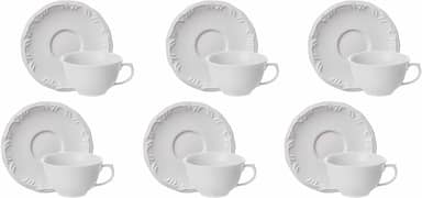 Estojo com 6 Xícaras Chá com Pires sem Pé em Porcelana - Modelo Redondo com Relevo Pomerode - Branca - fabricado pela Schmidt