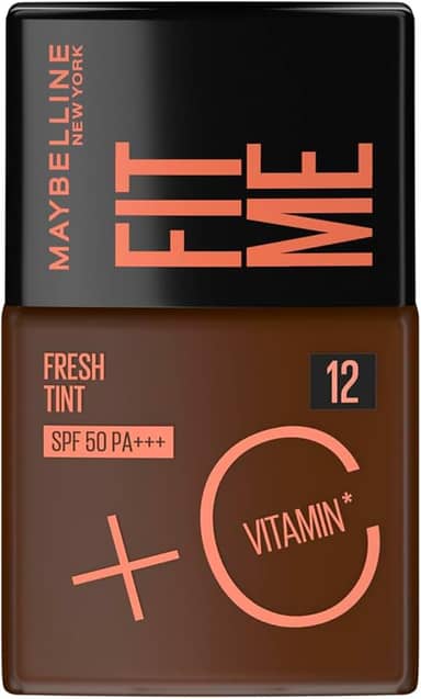 Maybelline NY Fit Me Fresh Tint Base Líquida, Proporciona Efeito Glow Natural, Controla a Oleosidade e Uniformiza a Pele com Vitamina C e FPS 50, Cor 12, 30ml