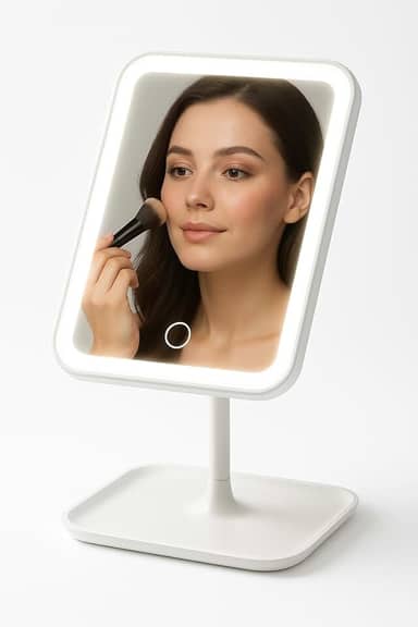 Espelho de Mesa com LED Recarregável | 3 Tons de Luz Ajustáveis | Botão Touch | Base Porta-Objetos | Maquiagem & Skincare| Portátil