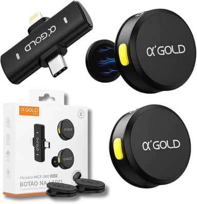 Microfone de Lapela Duplo Sem Fio α’GOLD Premium – Áudio Profissional, Cancelamento de Ruído, 10h Bateria, Compatível com iPhone e Android USB-C, Ideal para Vídeos, Lives e Podcasts