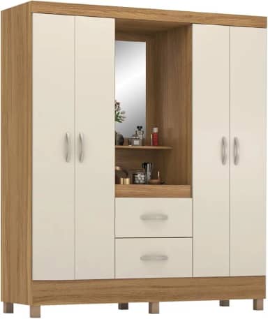 Guarda Roupas Casal Capela 4 Portas Com Espelho 2 Gavetas Amêndoa/Off White Lord Demóbile