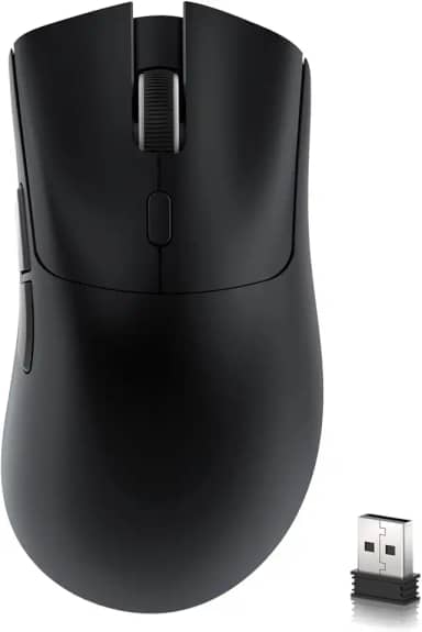 ATTACK SHARK Mouse para jogos sem fio R1, conexão de três modos (2,4G/com fio/BT5.2), 55 g leve, sensor óptico DPI 18K, HUYU vida útil de 20 milhões de chaves, design ergonômico, para