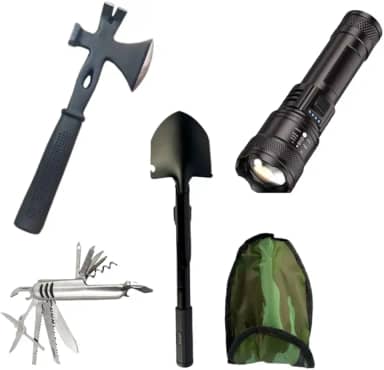 Kit Camping 4 em 1 com Lanterna Recarregável USB, Machado Multiuso, Pá Dobrável 5 em 1 e Canivete Multifuncional para Camping, Trilha e Sobrevivência