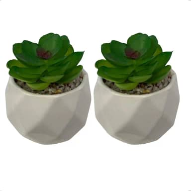 Mini Vaso Decorativo com Suculenta Artificial, Cerâmica Branca Geométrica, 8 cm x 5 cm Mesa Estante (2)