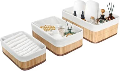 Kit com 3 Cestos Organizadores Feito de Bambu Cor Claro. Perfeito Para Banheiros, Armários, Lavanderias, Entre Outros. Bonito e Elegante (Bege - Grande)