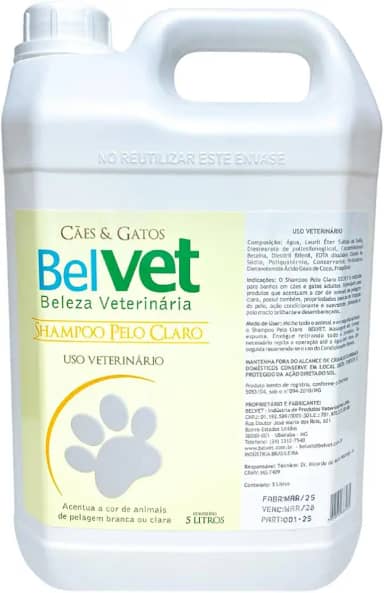 Shampoo Belvet Profissional Pet para Pelos Claros e Pelos Brancos Cães e Gatos 5 Litros