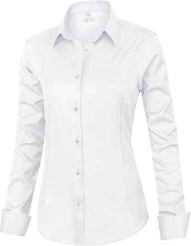 Camisa social feminina de ajuste clássico, manga comprida, com botões, sem rugas, elástica, lisa, casual, trabalho, escritório