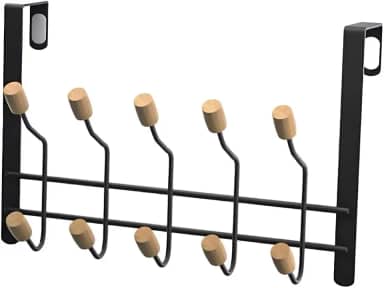 Cabide de Porta Sem Furar com 10 Ganchos – Suporte Organizador de Porta de Metal com Ponta de Madeira para Roupas, Toalhas e Bolsas – Instalação Rápida e Design Moderno