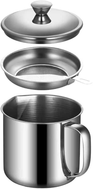 Filtro de Óleo de Cozinha em Aço Inox, 1300ml, com Tampa e Peneira, para Frituras
