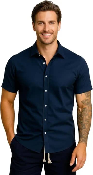 Camisa Masculina Gola Italiana Manga Curta Leve Elegante para Trabalho e Passeios, Tecido Fresco Passa Facil