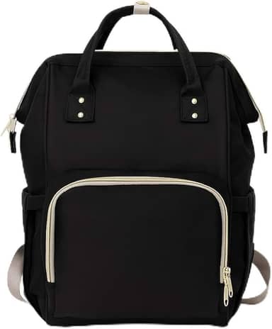 Mochila Maternidade Expansível Preta, Bolsa Gestante com Zíper Dourado, Compartimentos Múltiplos, Design Moderno