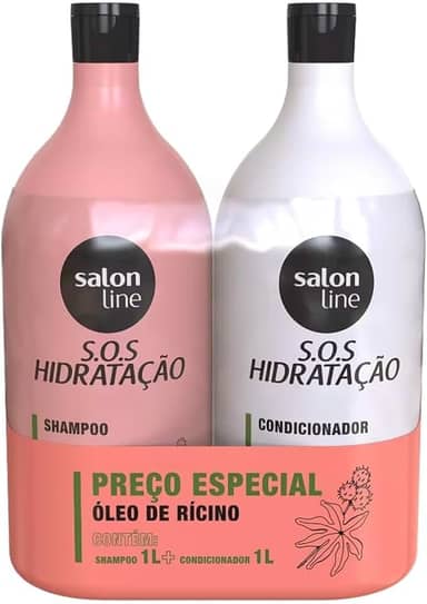Salon Line, Kit Shampoo e Condicionador, SOS Hidratação, Óleo de Rícino, Vegano - Cabelos Lisos, Ondulados, Cacheados e Crespos, 1 L cada