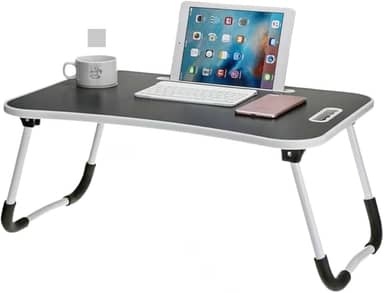Mesa Portátil Dobrável, Madeira, 60x27 cm, com Suporte para Tablet e Copos, Articulada, para Notebook, Cama, Sofá, Home Office Preta