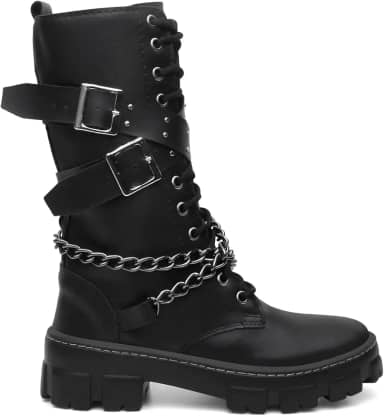 Coturno Feminino Gótico, Bota Cano Alto Preta com Correntes e Fivelas, Sola Tratorada, Material Sintético, Estilo Rock Urbano, Fechamento com Zíper Lateral