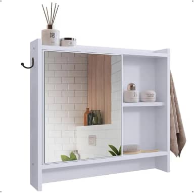 Armário Com Espelho Porta Gancho Para Toalha Banheiro Genova (Branco)
