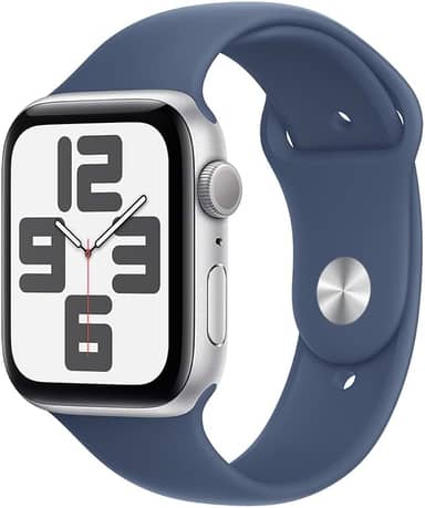 Apple Watch SE GPS • Caixa prateada de alumínio – 44 mm • Pulseira esportiva denim – P/M