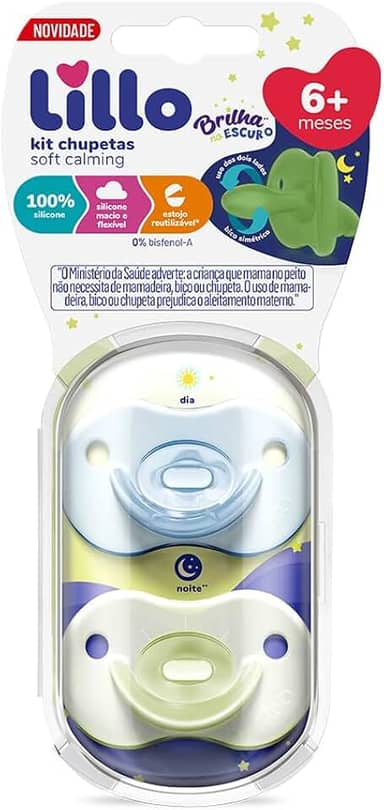Lillo Kit De Chupeta 100% Silicone Calming Brilha No Escuro Bico Simétrico 6+ Meses - Azul