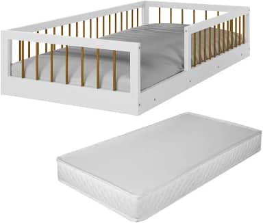 Cama Solteiro Montessoriana Infantil Ana Quarto Da Criança Meninas E Meninos Berço Moderno Com Grade De Proteção Lateral Com Colchão Cor Branco/Nature