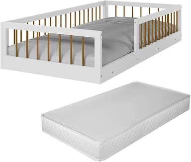 Cama Solteiro Montessoriana Infantil Ana Quarto Da Criança Meninas E Meninos Berço Moderno Com Grade De Proteção Lateral Com Colchão Cor Branco/Nature