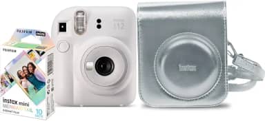 Kit Câmera Instax Mini 12 com pack 10 fotos Mermaid Tail e Bolsa Prateada