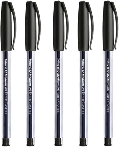 Kit C/5 Caneta Esferográfica Preta, Trilux, Ponta Média 1.0mm, Corpo Transparente, Escrita Macia. Para ENEM, Vestibular e Concurso