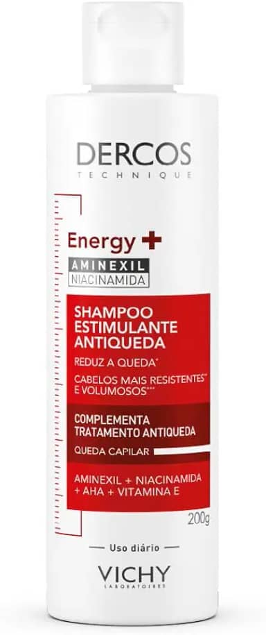 Vichy Dercos Energy+, Shampoo Estimulante, Tratamento Antiqueda para Cabelos Fracos e Quebradiços, Fortalece os Fios com Aminexil, AHA, Niacinamida e Vitamina E, 200g