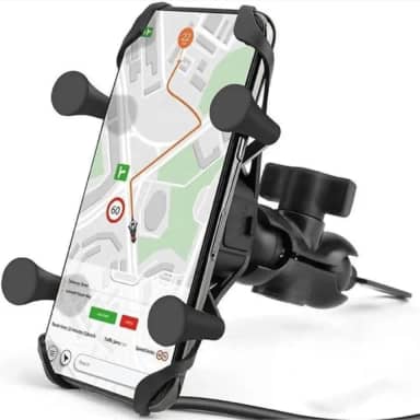 Suporte de Celular para Moto com Carregador USB 2.4, Fixação por Garra no Retrovisor ou Parafuso do Guidão, Resistente, Antivibração, Rotação 360°, Designer Ergonômico, Compatibilidade até 6.8"