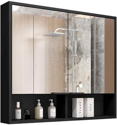 Armário de Banheiro Aéreo 2 Portas Com Espelho Espelheira Com Nicho Aquiles (Preto Flexcollor Nature)