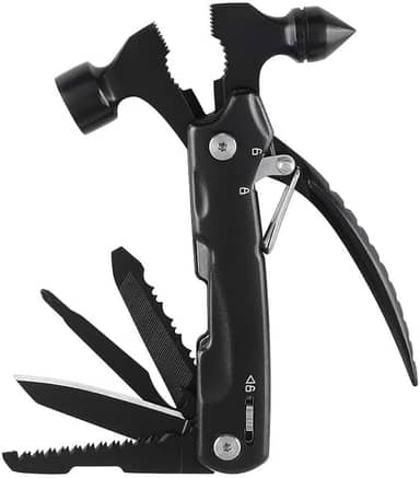 Hammer Multitool Presentes de aniversário 10 em 1 para homens, pai, marido, acessórios de acampamento, multiferramentas, acessórios essenciais de acampamento para homens, preto