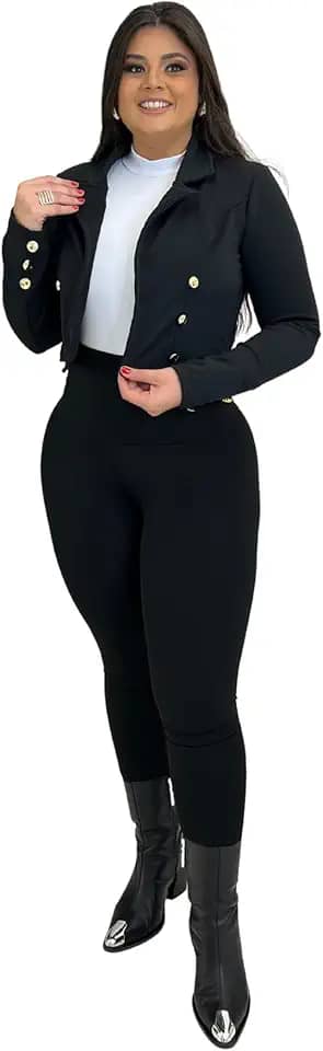 Blazer Cropped Montaria Alfaiataria Feminino com Botões Dourados, Estilo Casual Elegante