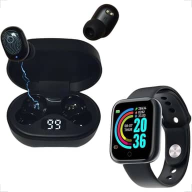 Fone de Ouvido Bluetooth Sem Fio 5.0 Intra-auricular Compativel com Todos os Aparelhos Carregamento Rápido + SmartWatch Relógio Inteligente Monitor de Frequência Cardíaca Compatível Android e IOS