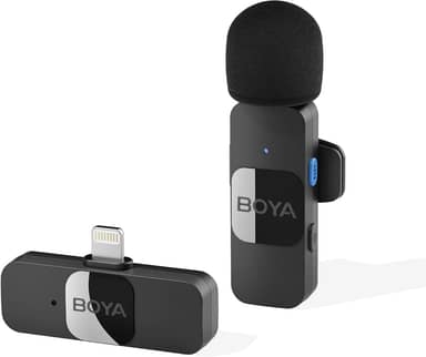 BOYA Microfone de lapela sem fio para iPhone,iPad,smartphone,minilapela,microfone,grampo,para gravação vídeo,podcast,transmissão ao vivo do YouTube (Lightning 1TX+1RX) Preto(MLS-BY-V1)