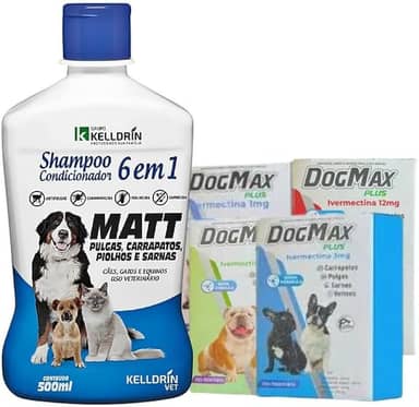 Kit tratamento - Remédio para pulgas, carrapatos, vermes e sarna 4 Comprimidos + Shampoo 6 em 1 (6 a 15kg)