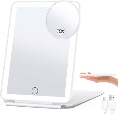 Espelho de Maquiagem Portátil com Luz LED e Aumento 10X, Recarregável via USB, 3 Cores, Tela Touch, Ultra Fino e Dobrável, para Viagem, Maquiagem e Escritório