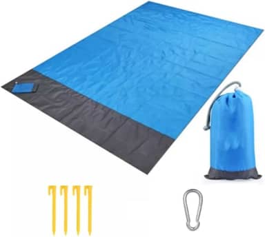 Tapete Impermeável para Praia, Camping e Piquenique – Azul e Cinza, 2,00 x 2,10m, Leve, Compacto e Resistente com 4 Pinos de Fixação e Mosquetão, Ideal para Viagens e Atividades ao Ar Livre