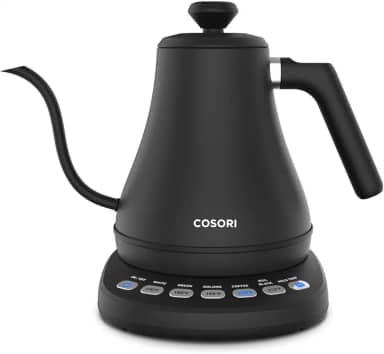 COSORI Chaleira elétrica pescoço de ganso com 5 predefinições variáveis, despeje sobre café, tampa interna e inferior 100% de aço inoxidável, aquecimento rápido de 1200 watts, 0,8L, preto fosco CO108