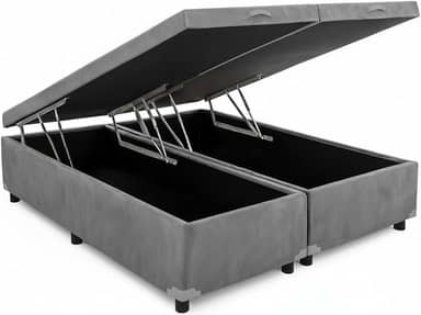 Cama Box Baú King Bipartido 96, Blindado, Pistão á Gás, Pés de Madeira (Suede, Cinza)