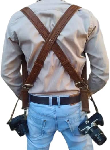 ALÇA DUPLA PARA CAMERA FOTOGRÁFICA EM COURO ACABAMENTO PREMIUM CONFORTÁVEL DSLR SLR CANON NIKON (Mel)