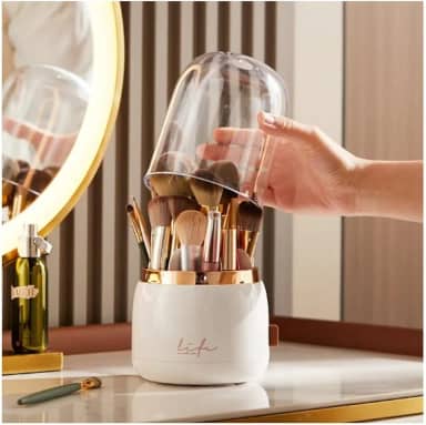 Organizador de Pincéis de Maquiagem Giratório Porta Pincel Com Tampa Transparente Divisórias (Branco)