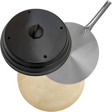 Kit Pizza Para Churrasqueira Com Pá de Pizza Alumínio, Pedra Refratária Redonda 37cm e Abafador Preto