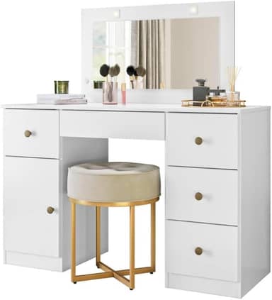 Penteadeira com Espelho Led Camarim Sonhos 5 Gavetas 1 Porta Branco