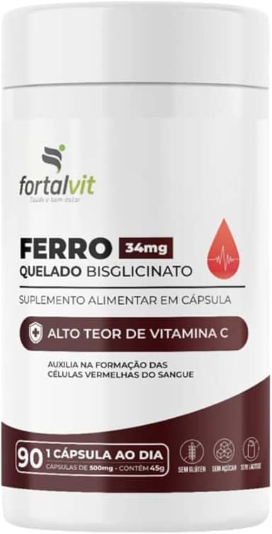 Ferro Quelado Bisglicinato 34mg, 90 Cápsulas, Alto Teor de Vitamina C, Fortalvit