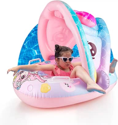 Boia Inflável Infantil com Cobertura - Baby Float com Suporte para Natação Segura, Proteção Solar, Flutuador para Piscina de Bebês